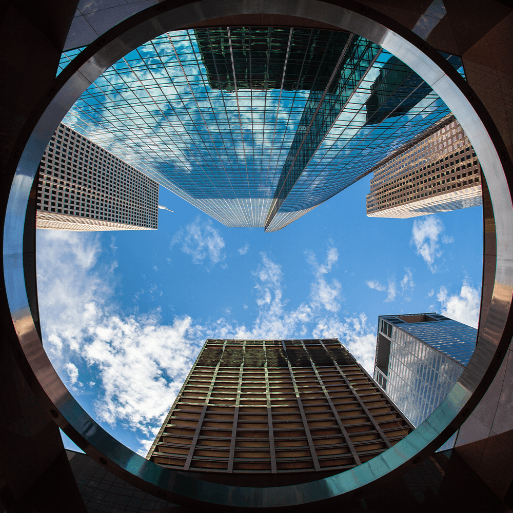 Worm's-eye view of the downtown Houston skyline